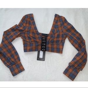 Pretty Little Thing. Brown Check Crop Top. Size 2 US.